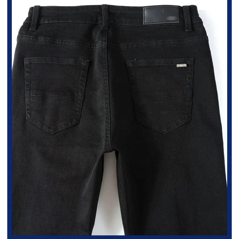 Black pleated jeans for men with double waistband, zip placket and collage splicing detail, 98% cotton