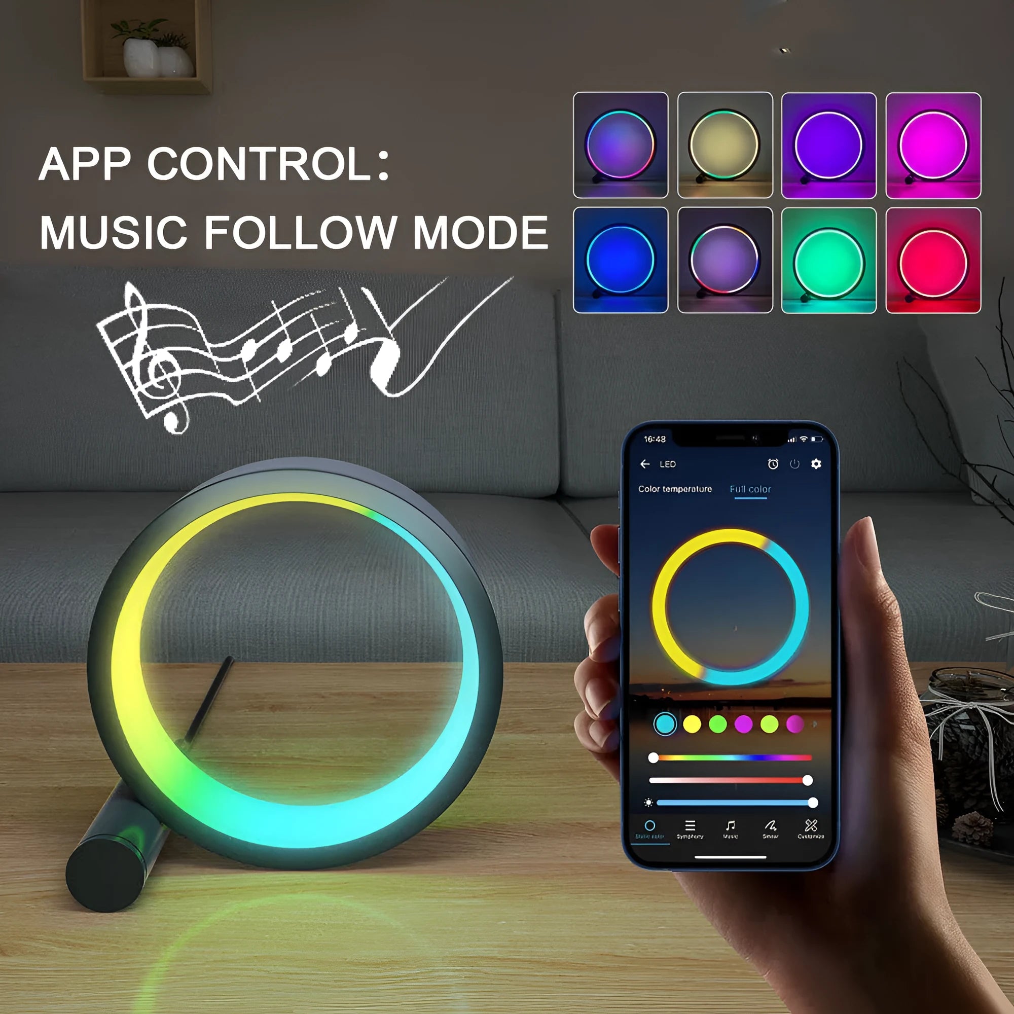 Aluminium alloy smart LED light with music sync mode and app control on a surface