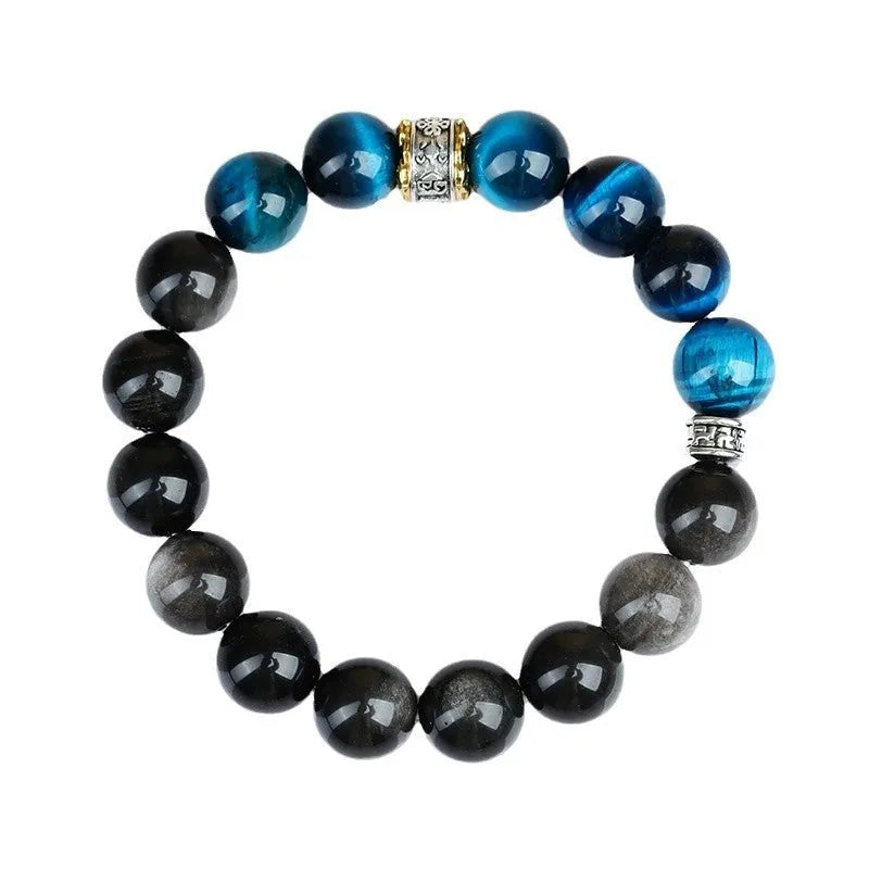 Handmade peacock blue Tigereye stone bracelet with geometric round beads and silver-coloured settings