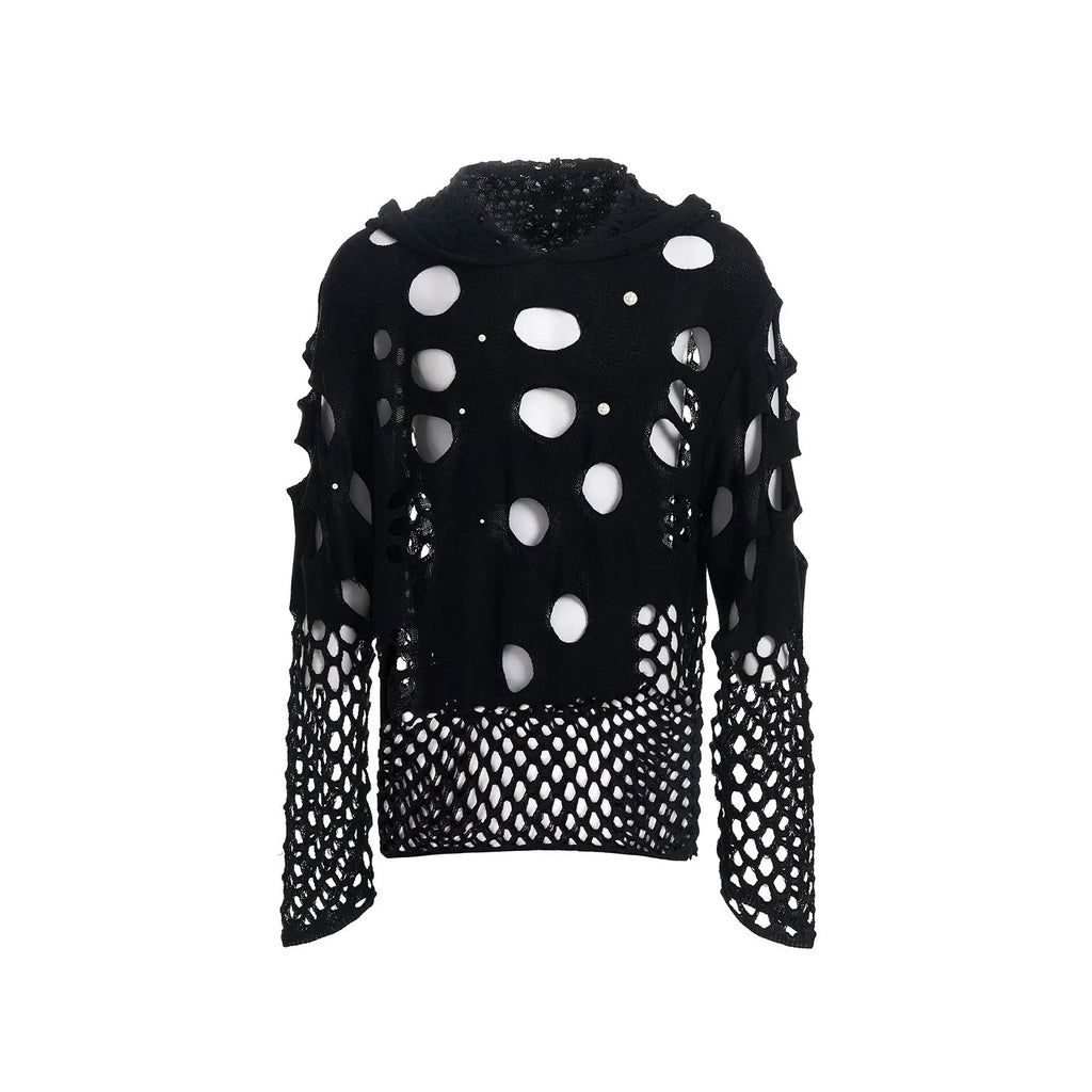 Black men's hooded sweater with pearl decoration, loose fit pullover design