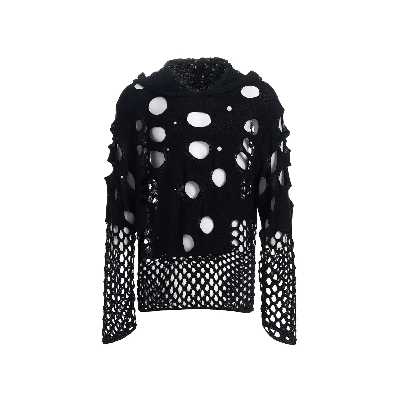 Black men's hooded sweater with pearl decoration, loose fit pullover design