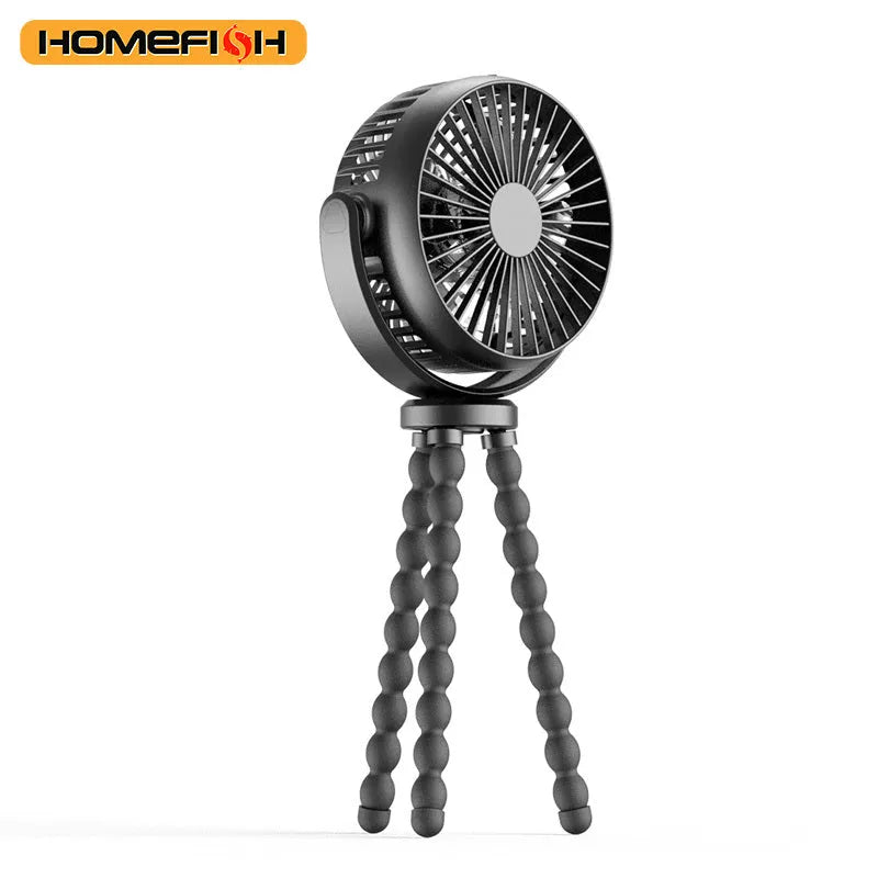 HOMEFISH F2 automatic shake head fan with clip, bracket, LED light, and removable front mesh.