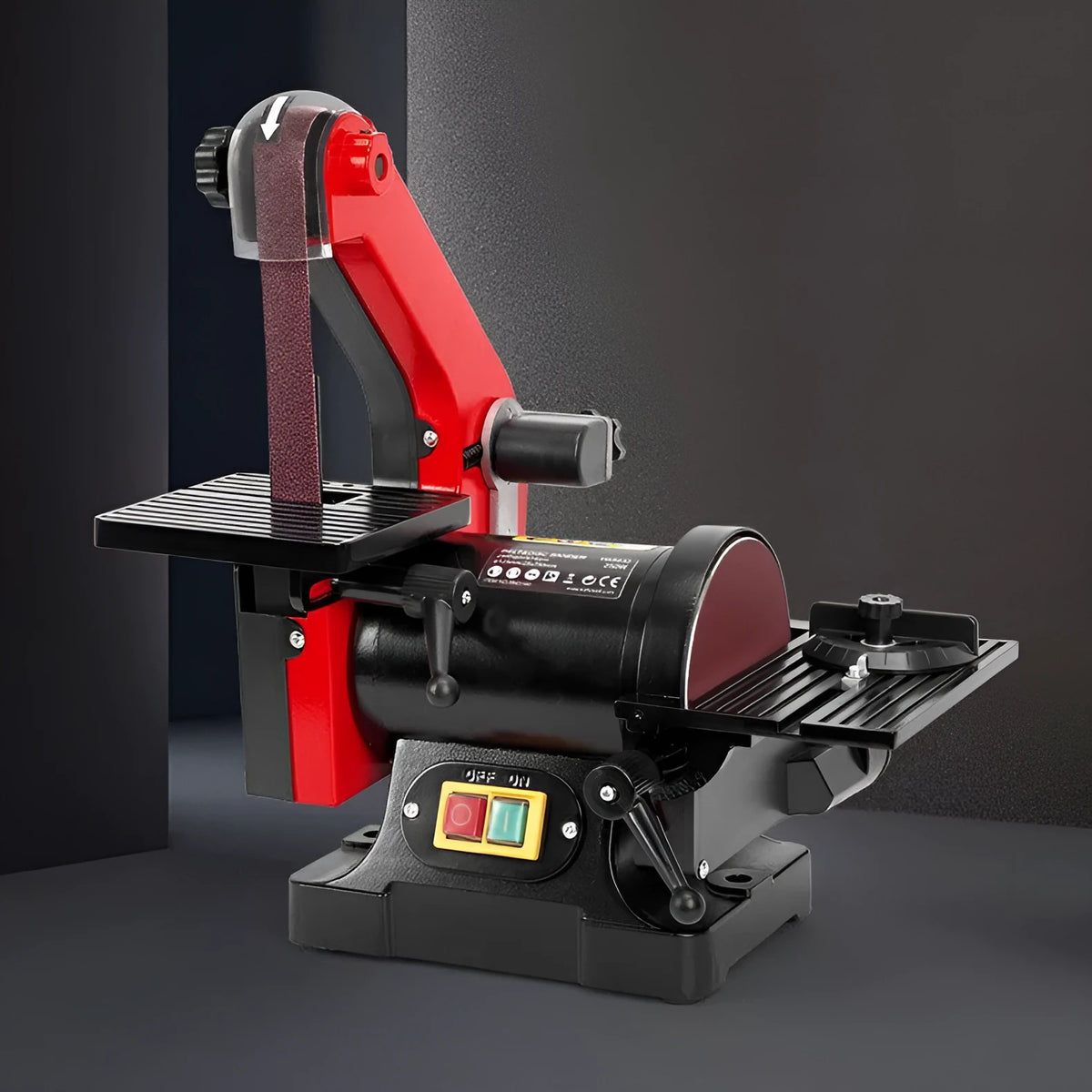 Small sand disc belt sander electric household tool with power cord and instruction manual