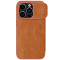 Imitation leather flip phone case for iPhone 15 series in black, brown, and red colours
