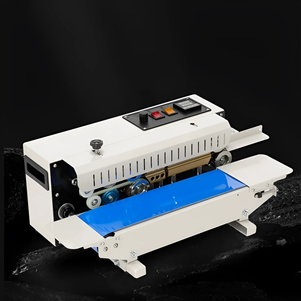 Compact manual steel sealing machine with a date print function on its sealing jaw.