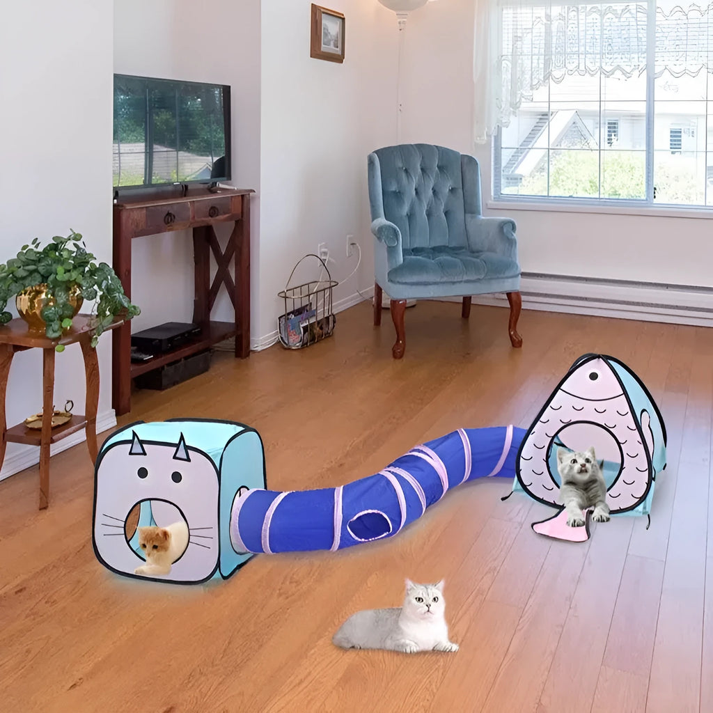 Foldable blue cat tent and tunnel pet play set with cat and fish pattern.