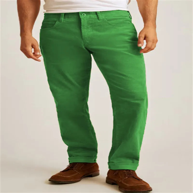 Men's solid colour corduroy trousers showing straight-leg cut and mid-waist design in green colour option