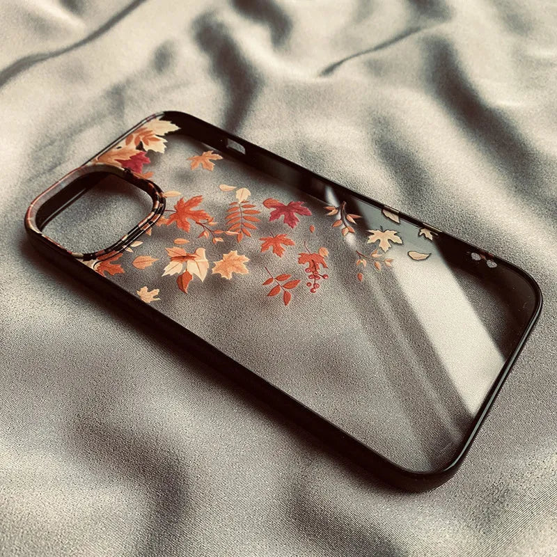 Autumn wind and fallen leaves printed acrylic phone case with black edge on iPhone