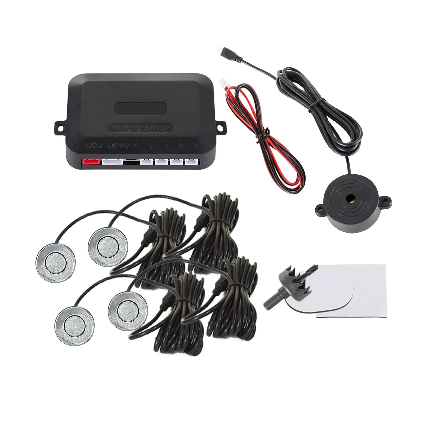 4-probe buzzer reversing radar kit with sensors, control module, and installation tools