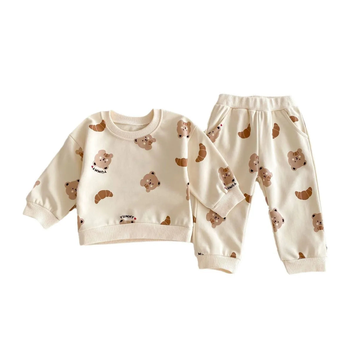 Bear round neck long-sleeve cotton suit for children with matching trousers, available in Bear or Flying Fish pattern and sizes 73cm to 110cm.