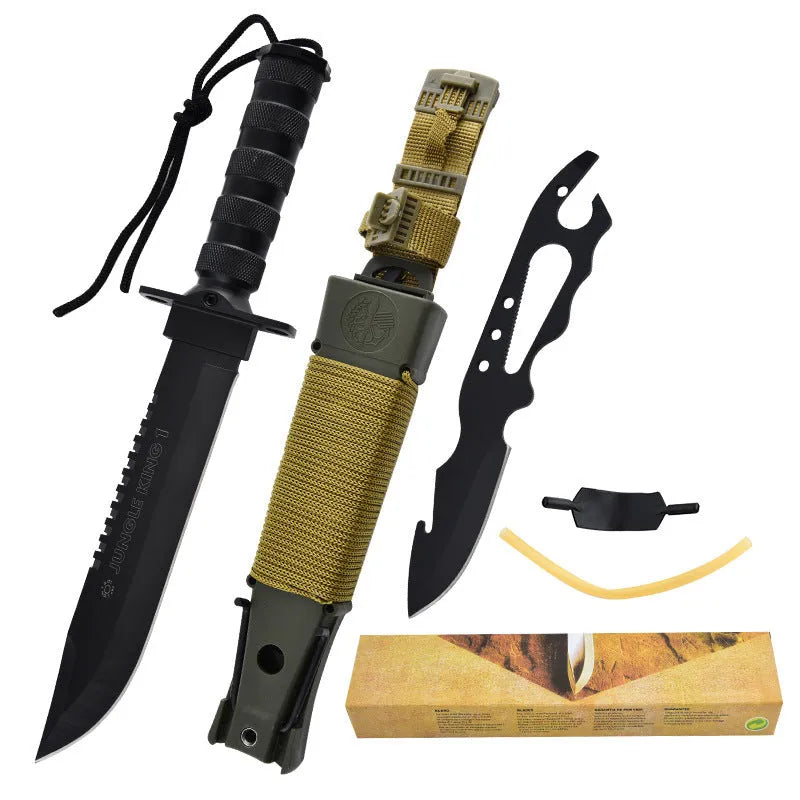 Keel multifunctional small straight tactical knife with 8Cr19MoV steel blade and aluminium alloy handle on neutral background