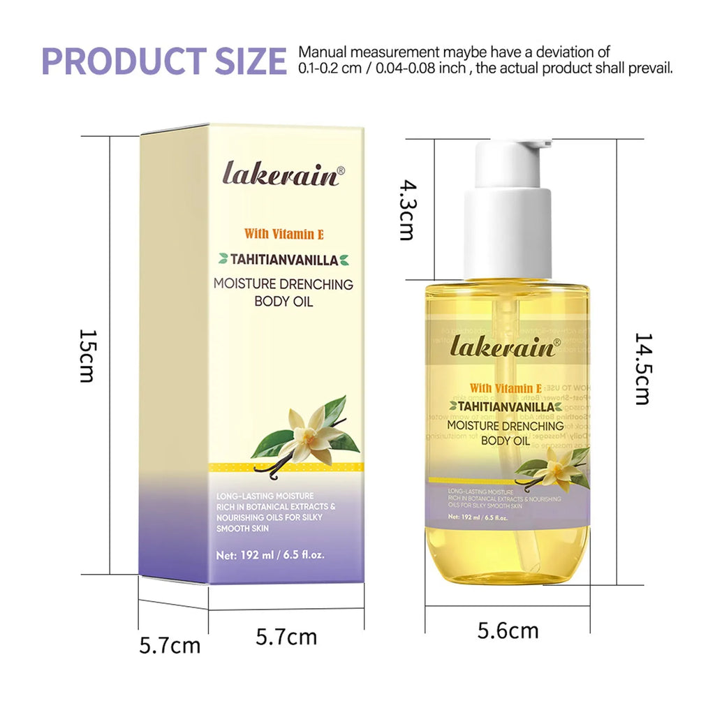 192ml vanilla flavored moisturizing and nourishing soft skin oil in a bottle