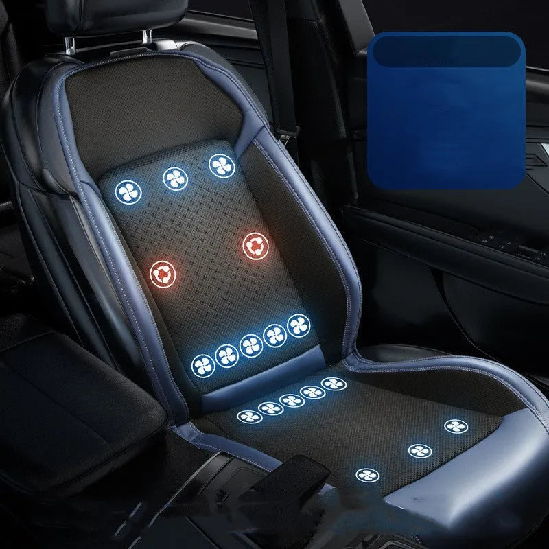 Car seat cooling pad with ventilation system in black colour featuring USB port and minimalist design