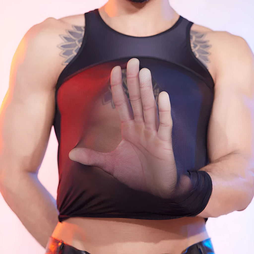Men's see-through mesh body shaping top in black, high elastic nylon, sheer fabric