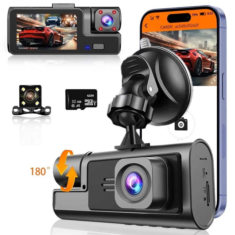 WiFi driving recorder dash cam with 2-inch screen for front and rear car video recording.