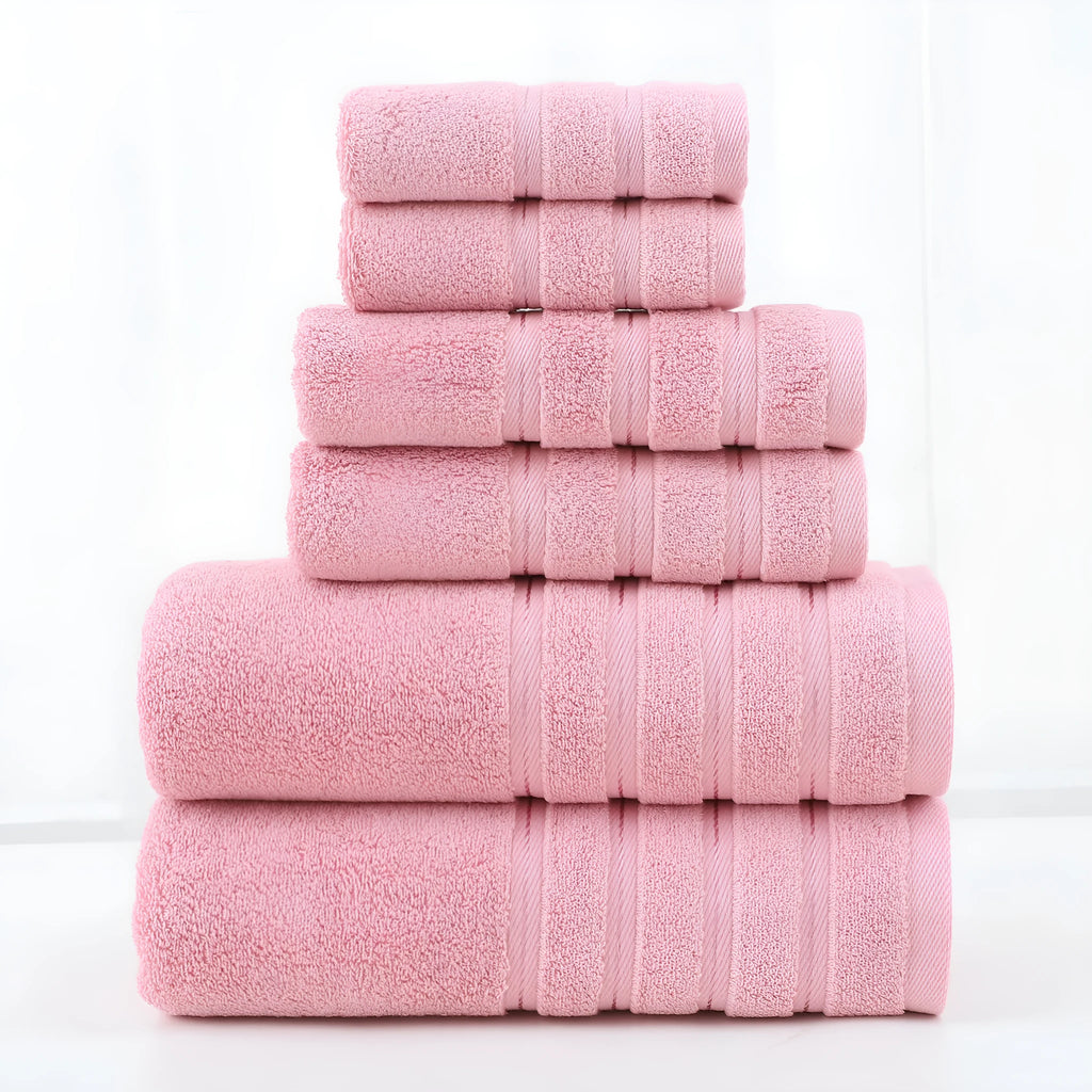 Six-piece combed cotton towel set in twill weave with bath towel, hand towel, and square towel in matching colour