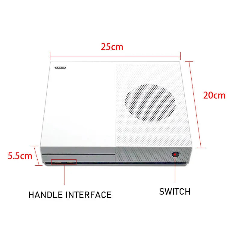 White Arcade Xgame wired game console with HDMI interface, ABS body, and two joystick controllers