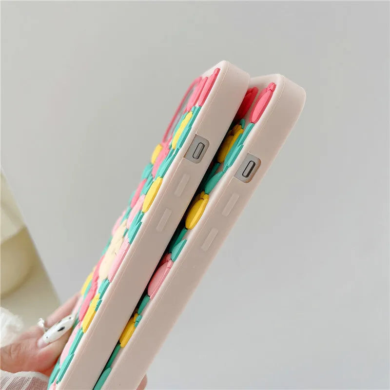Creative cartoon little bear flowers silicone phone case with tulip pendant in pink for Apple iPhone