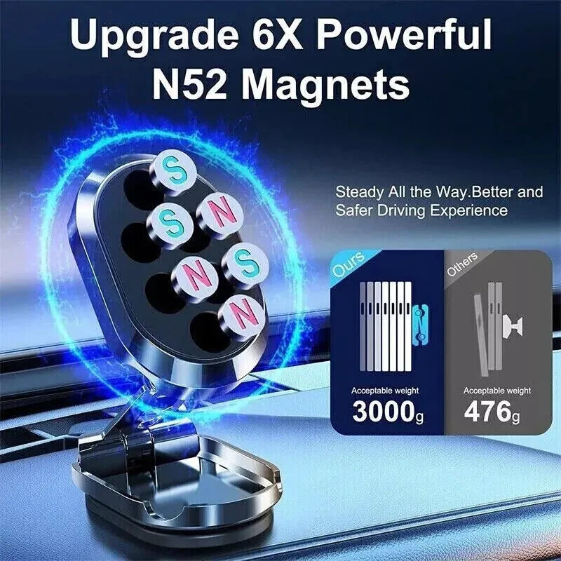 Chrome magnetic car phone holder with foldable bracket on dashboard showing 360-degree rotation