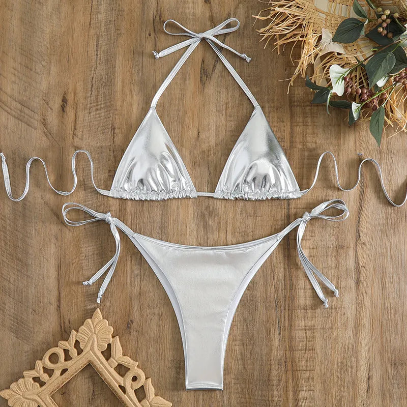 Women's lace-up bikini swimsuit in metallic gold colour with adjustable ties
