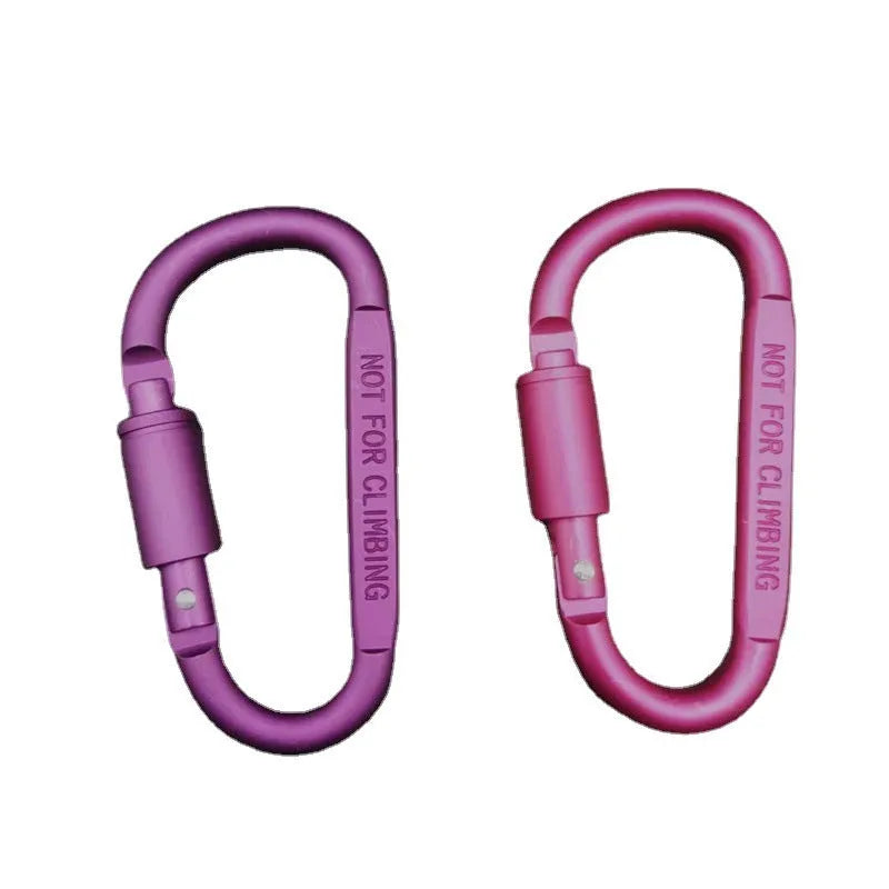 Aluminium D-shaped carabiner with lock in multiple colour options on a grey background.
