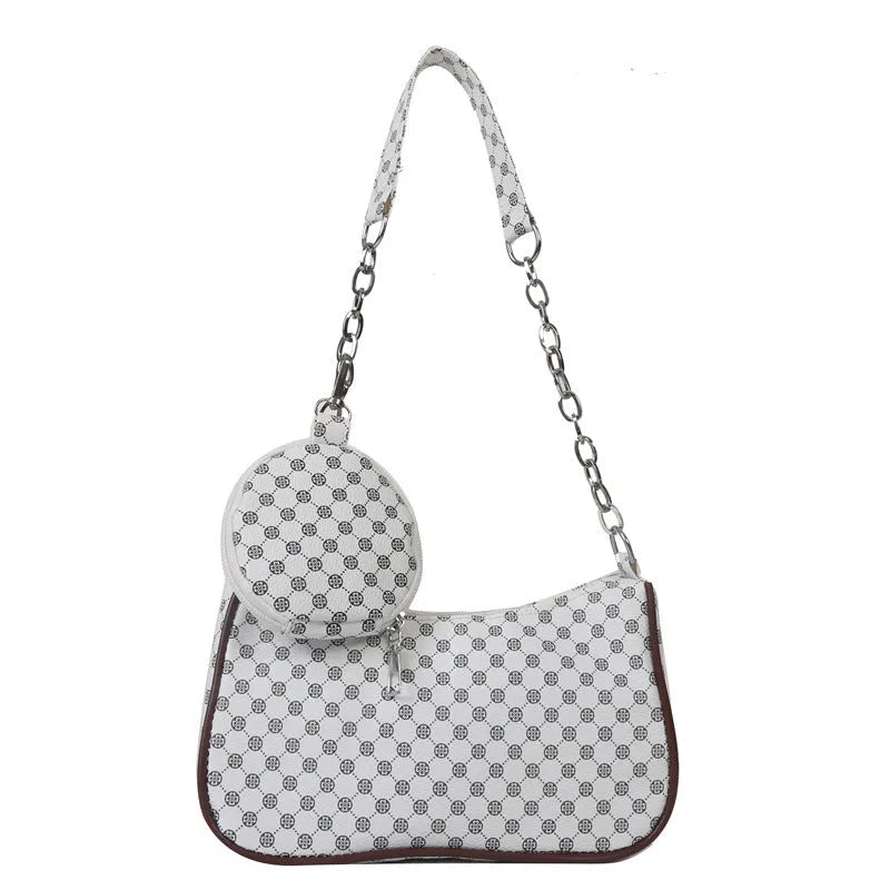 Small square PU leather shoulder bag in beige with detachable small bag on white background