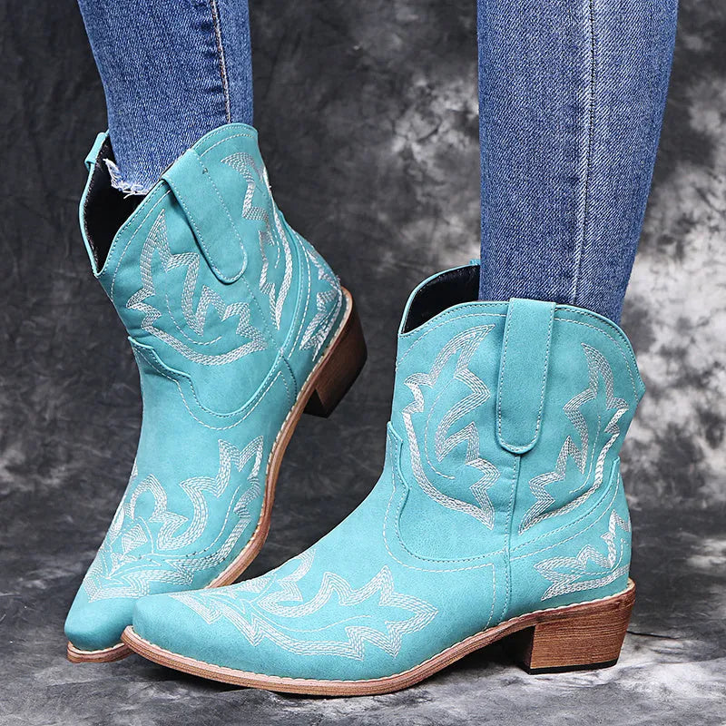 Women's embroidered cowboy boots with wedge heel in blue, brown and wine red colours