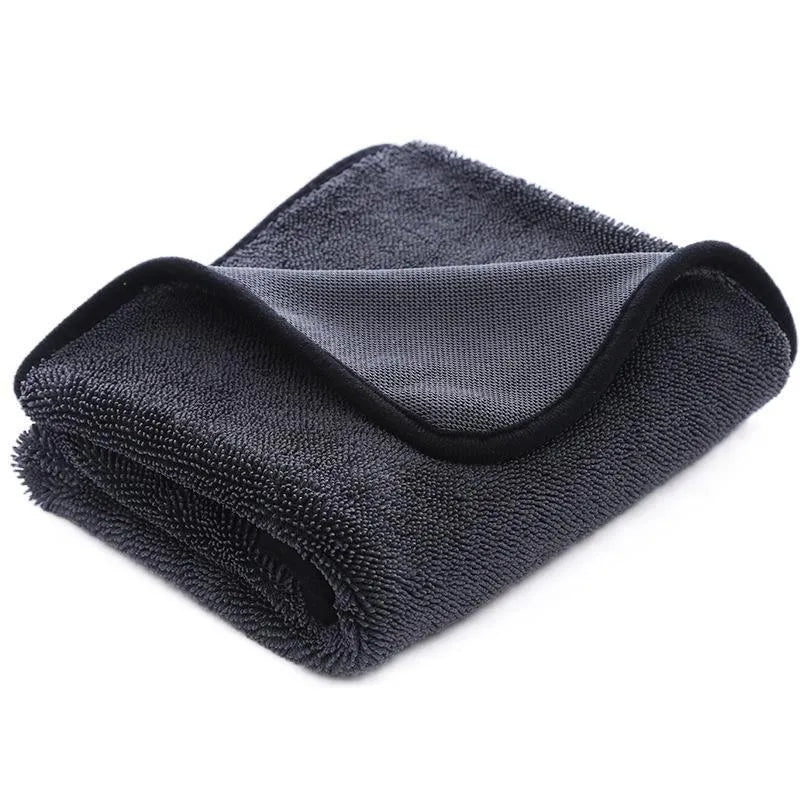 Grey braided twisted car cleaning towel shown in a large size next to a smaller size option.