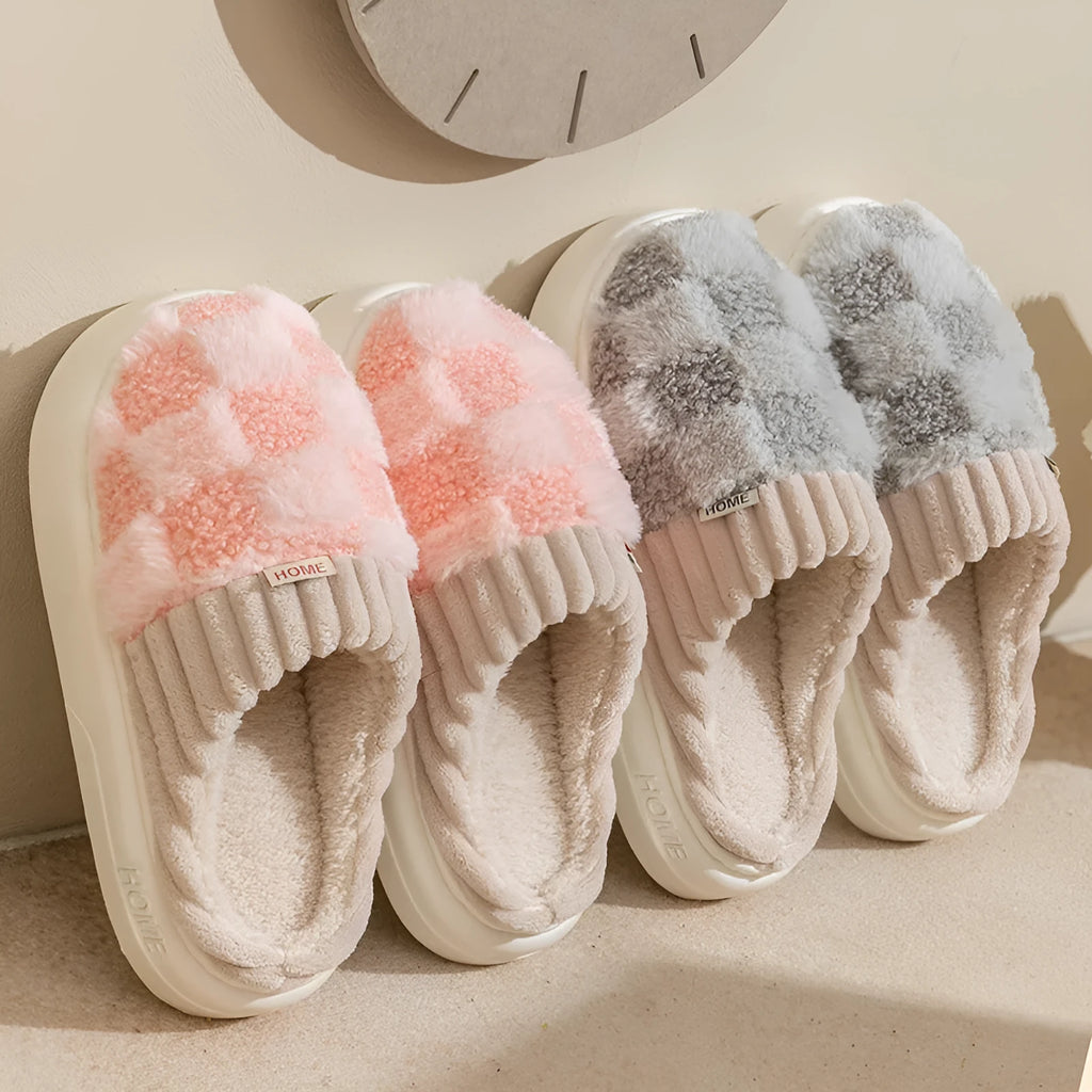 Women's plush indoor slipper in a choice of colours, showing round toe design, coral velvet upper, and textured non-slip PVC sole.