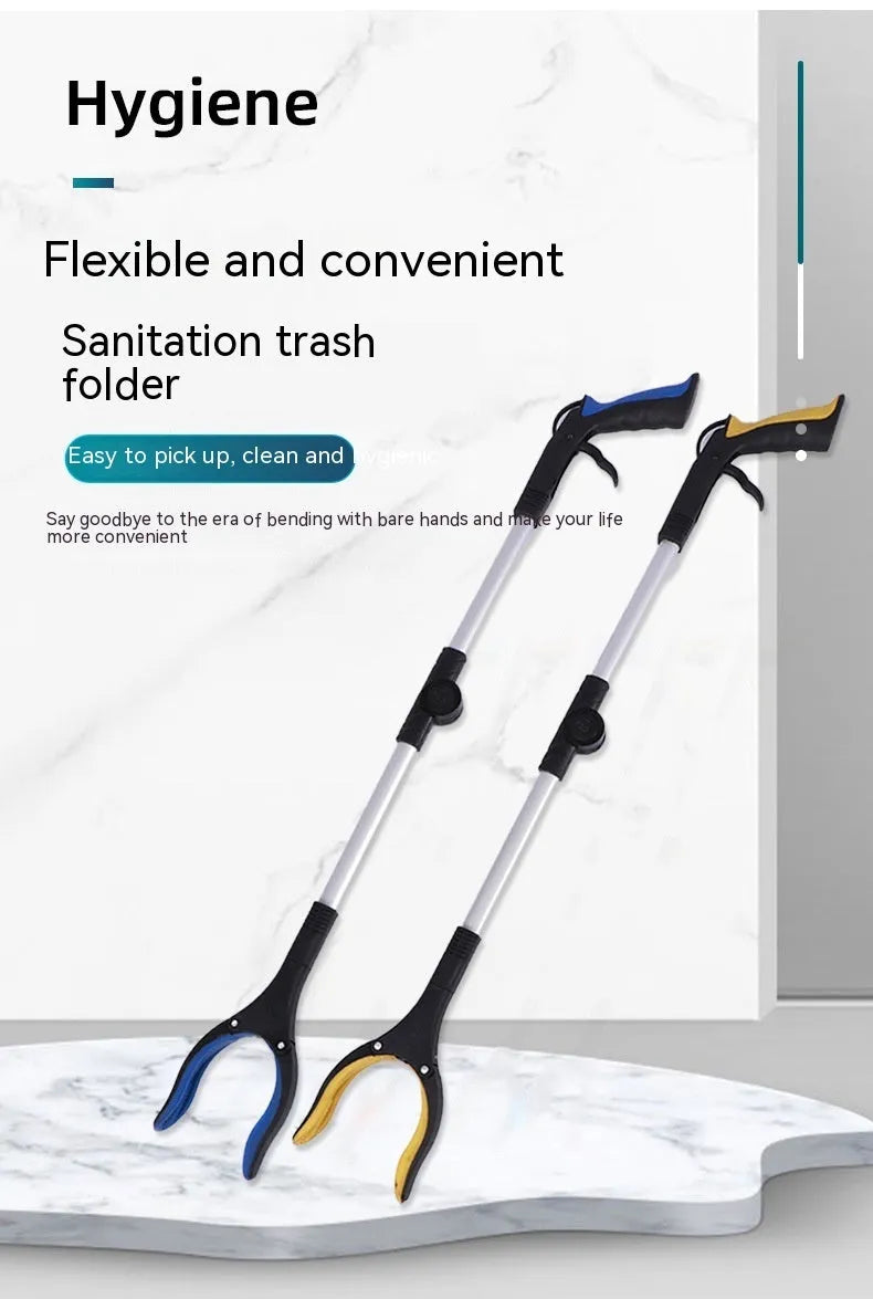 Silver foldable aluminium garbage clamp with blue handle extended to 80cm, showing magnet tip.