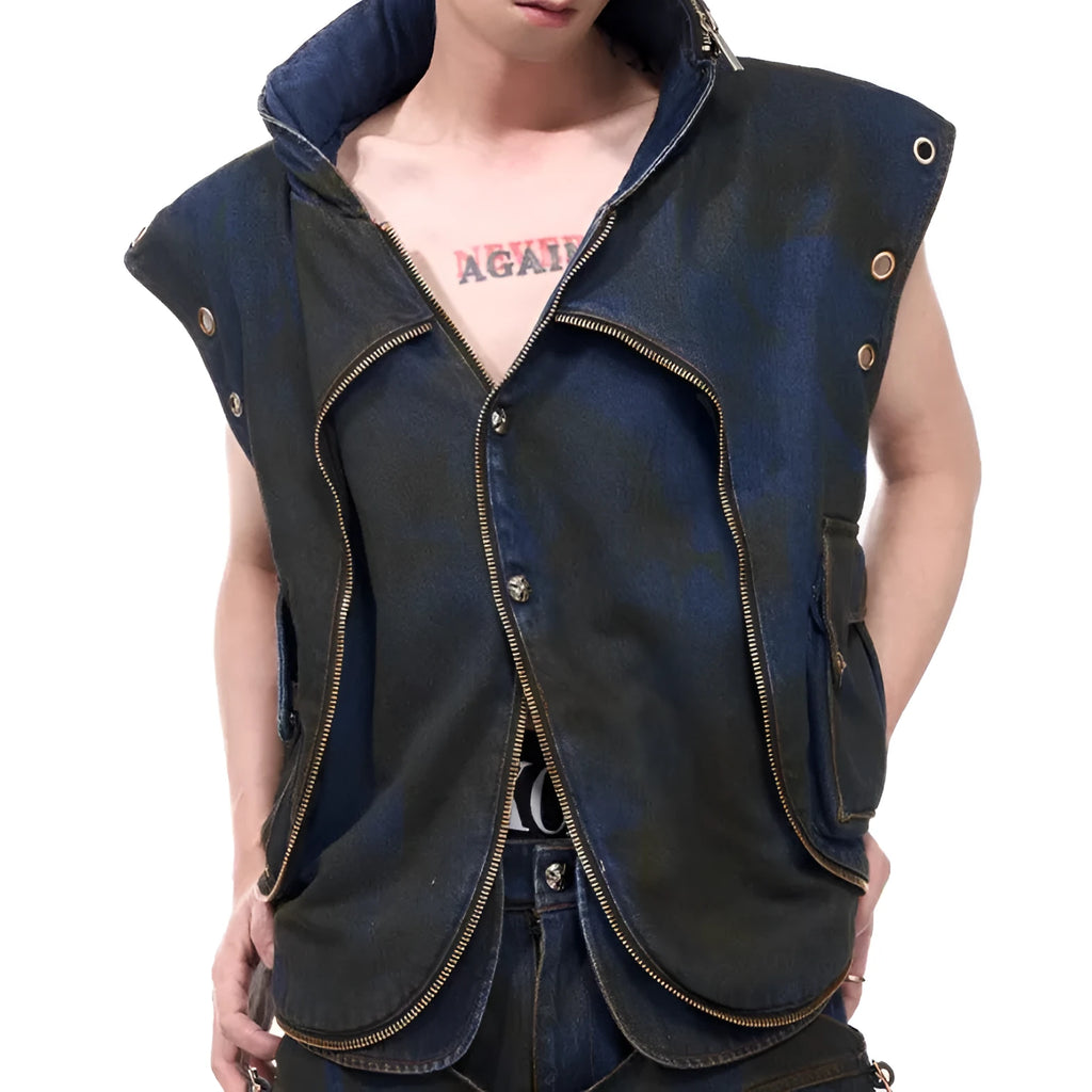 Blue hooded denim vest coat and trousers set with front zipper in Korean style