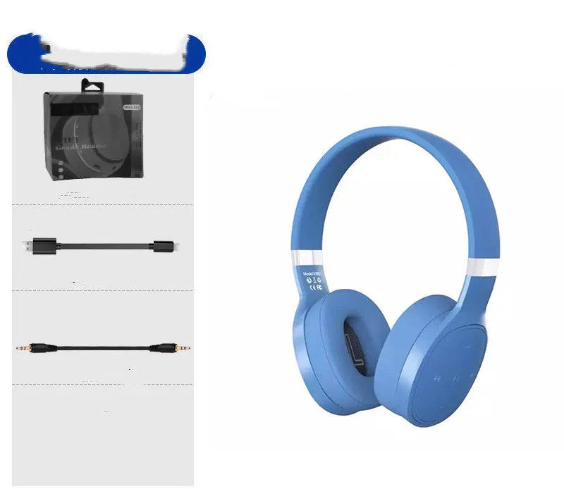 Wireless Bluetooth headset with headband and wired earpieces, shown in black, on a white background.
