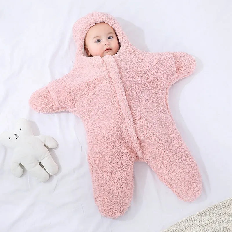 Cashmere and cotton baby sleeping bag with hood, zipper, and cuffs for 0–6 month winter use