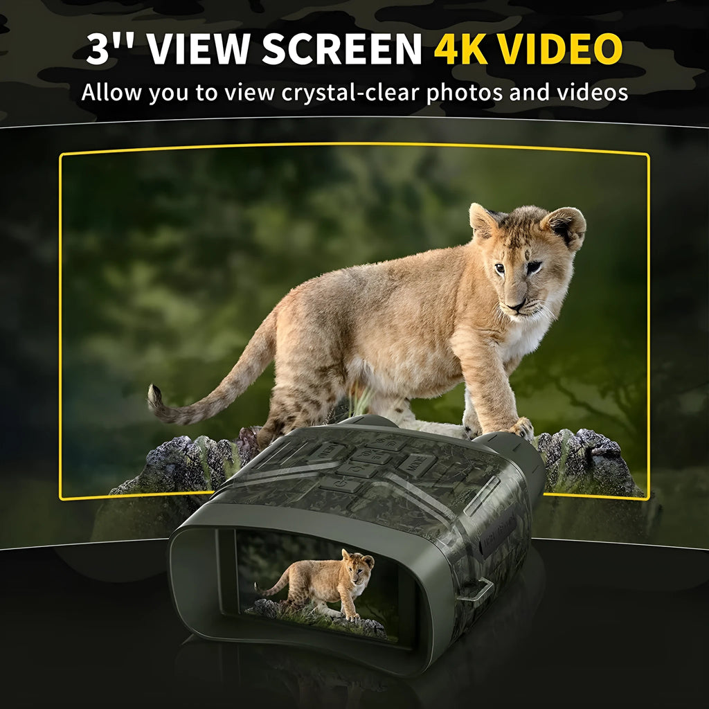 Black night vision instrument with 4K 36MP resolution and 3-inch display showing night vision footage
