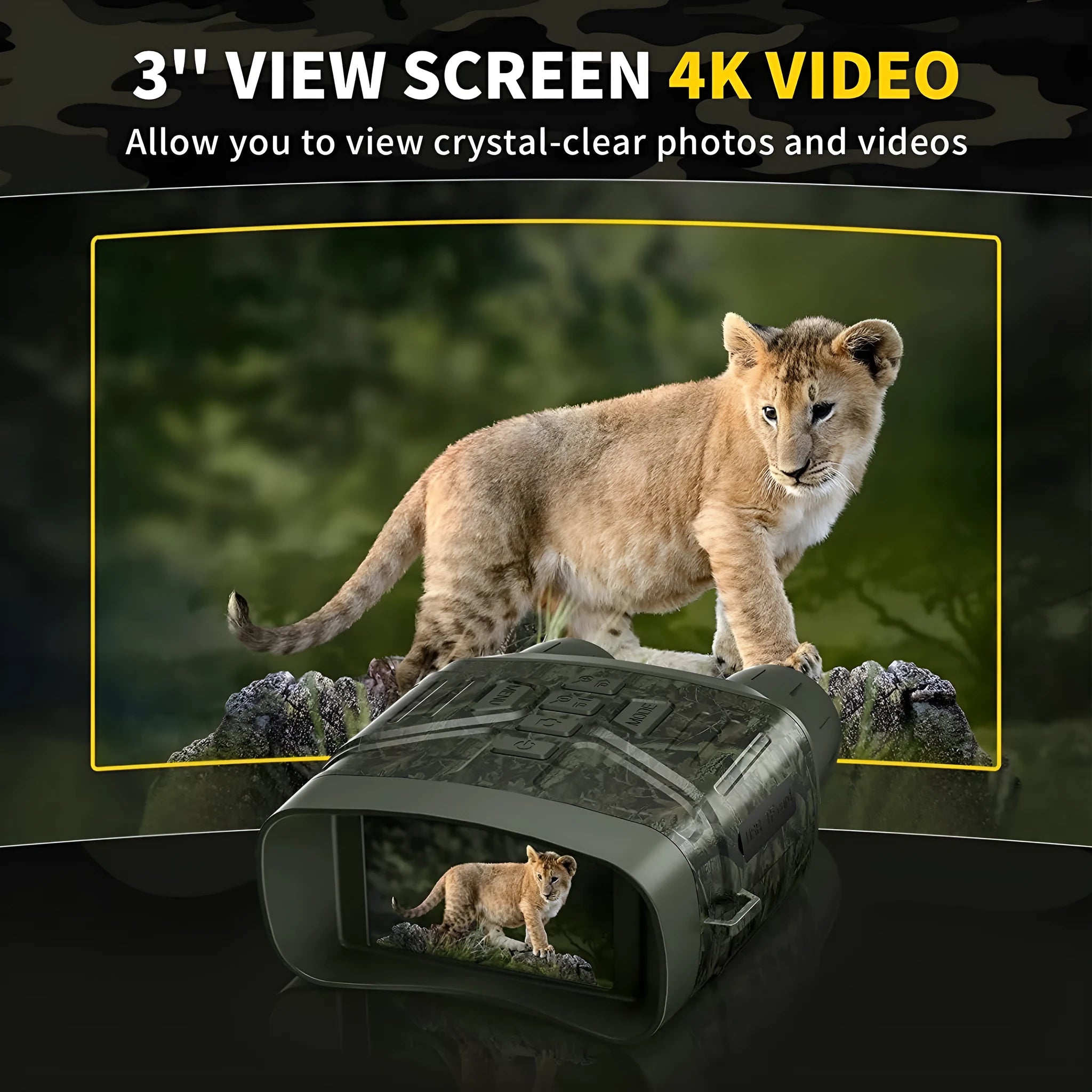 Black night vision instrument with 4K 36MP resolution and 3-inch display showing night vision footage