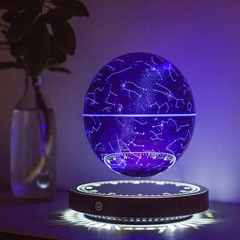Maglev moon lamp in black, star ball shape on a bedside table with USB power