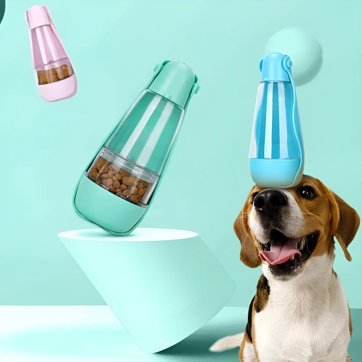 Portable pet food and water cup in ABS and PET, 83x83x203mm, shown in Macaron Powder and Avocado Green styles