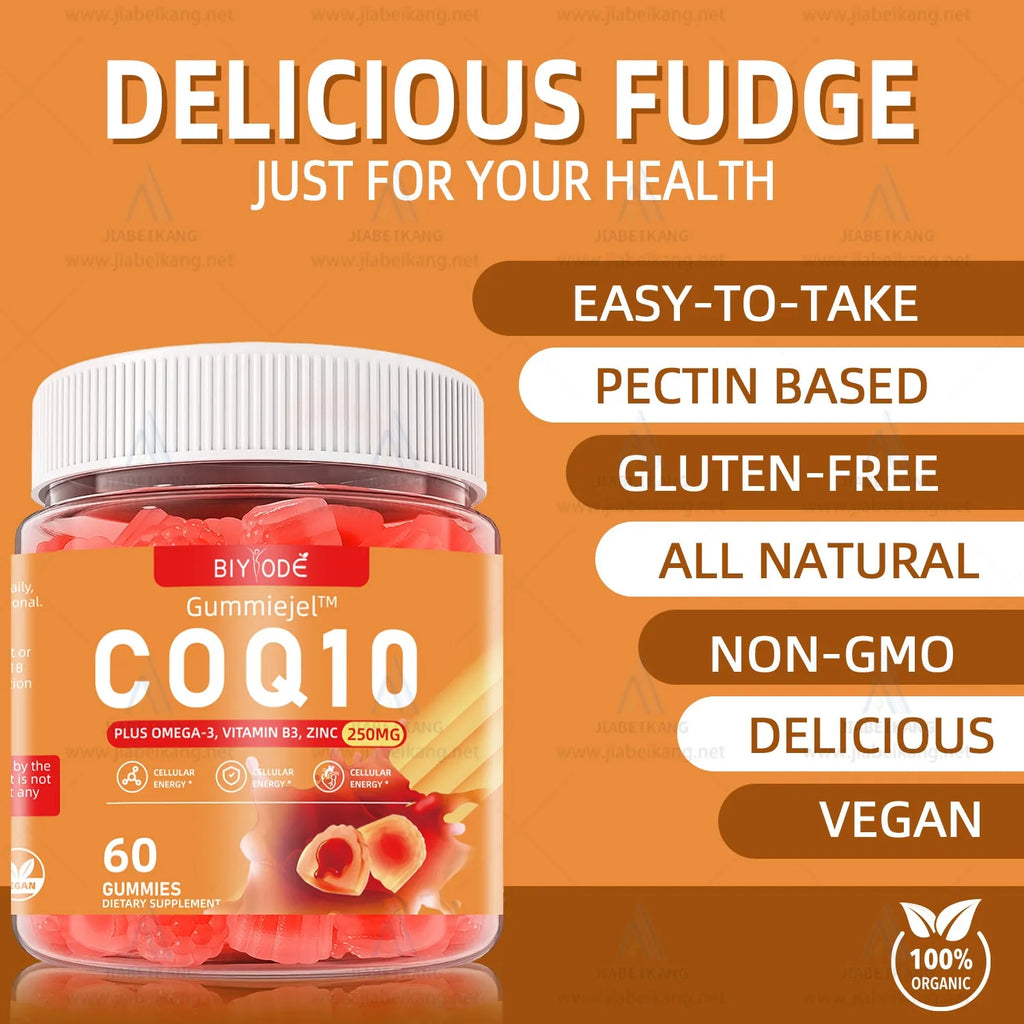 Bottle of CoQ10 gummies for heart and blood health with zinc and omega-3, 60 gummies per bottle