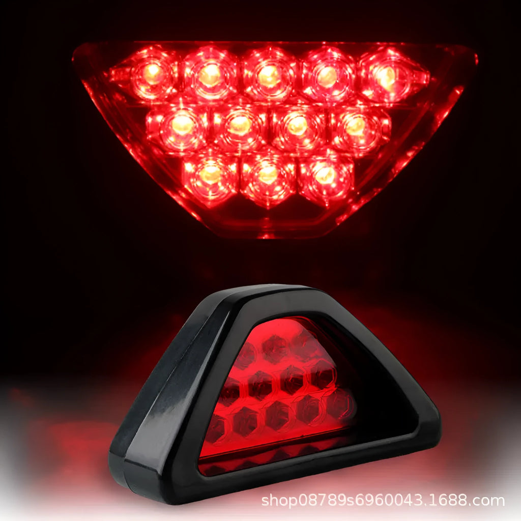 Universal triangular LED brake warning light for car and motorcycle in red, blue, green, white options.