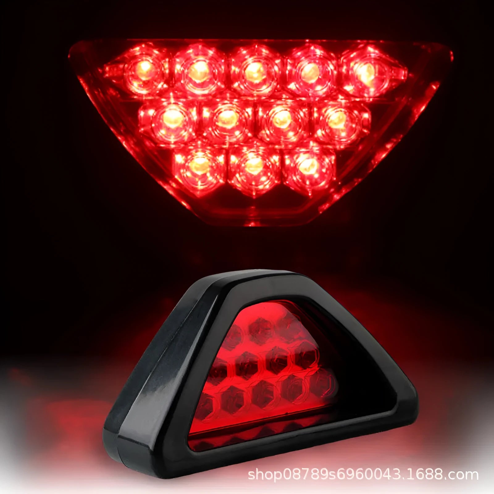 Universal triangular LED brake warning light for car and motorcycle in red, blue, green, white options.