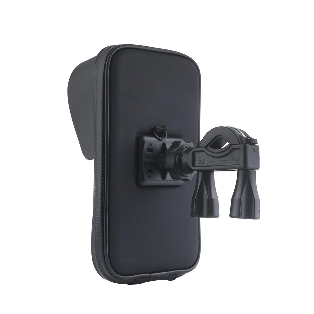 Black bicycle-mounted waterproof phone bag attached to handlebars with 6.5-inch phone capacity