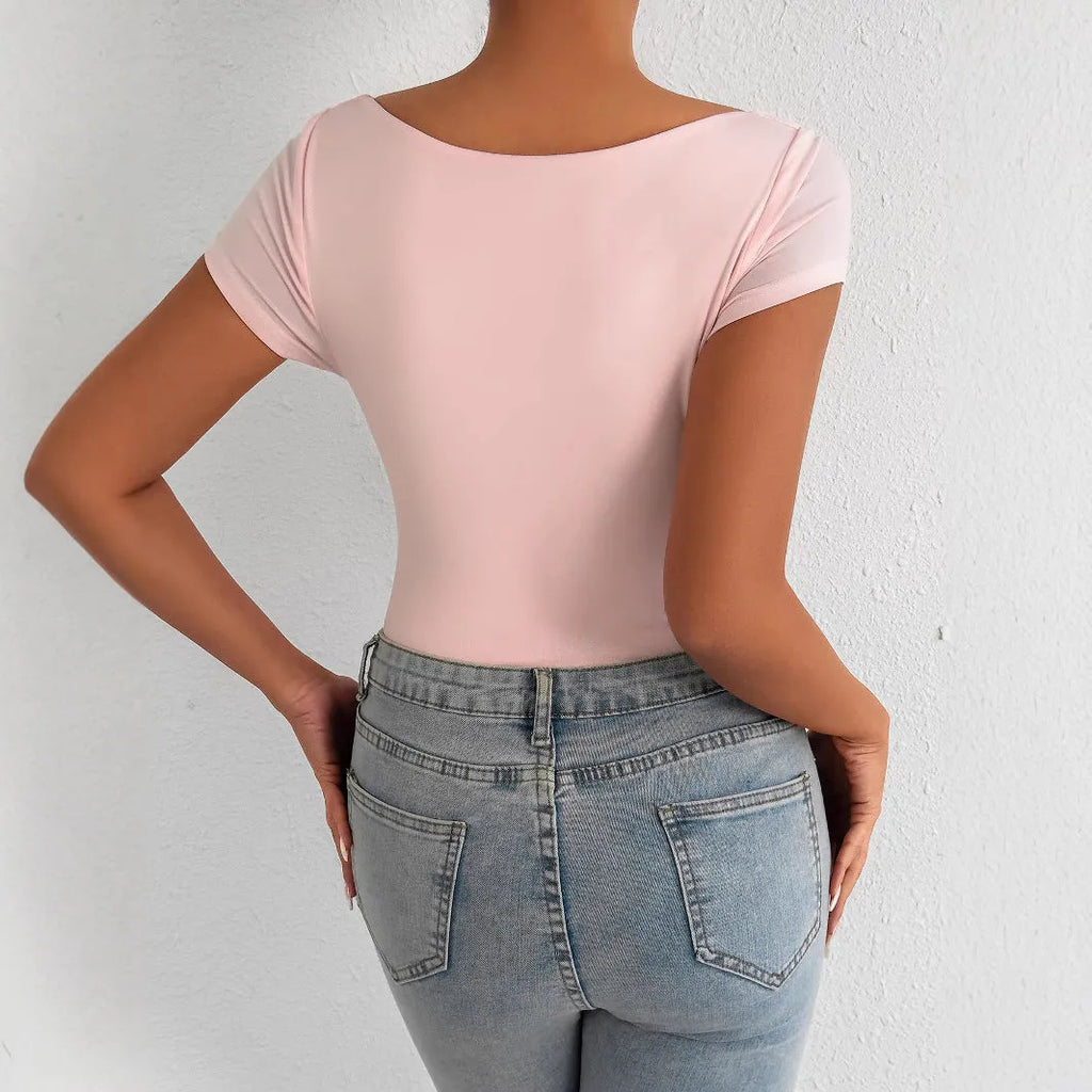 Light pink V-neck short sleeve bodysuit, slim fit, 65cm mid-length, pullover style, women's commuting jumpsuit.