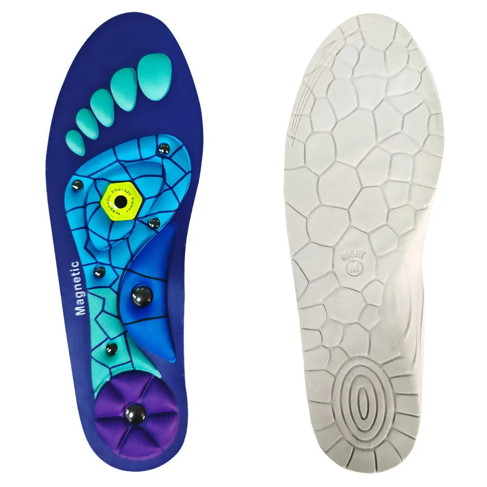 Breathable EVA health care insoles for men and women in black, blue, and red, sizes S, M, L