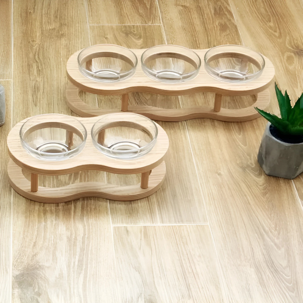 Wooden pet bowl rack with glass bowls in three sizes S M L for cats and dogs