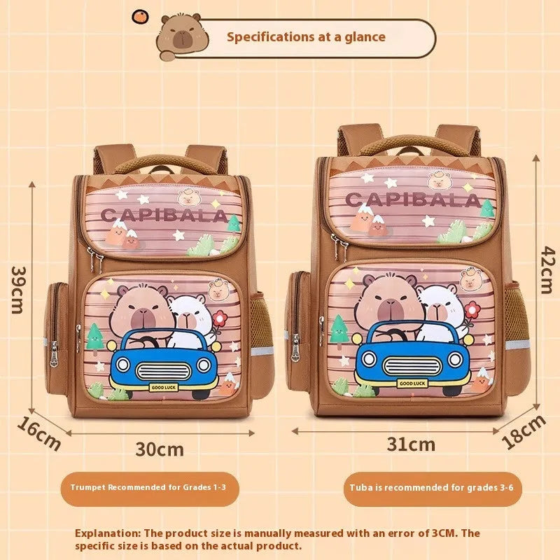 Capabala large capacity primary school bag with cartoon print, waterproof fabric, and air pillow belt in brown, blue, pink, or purple