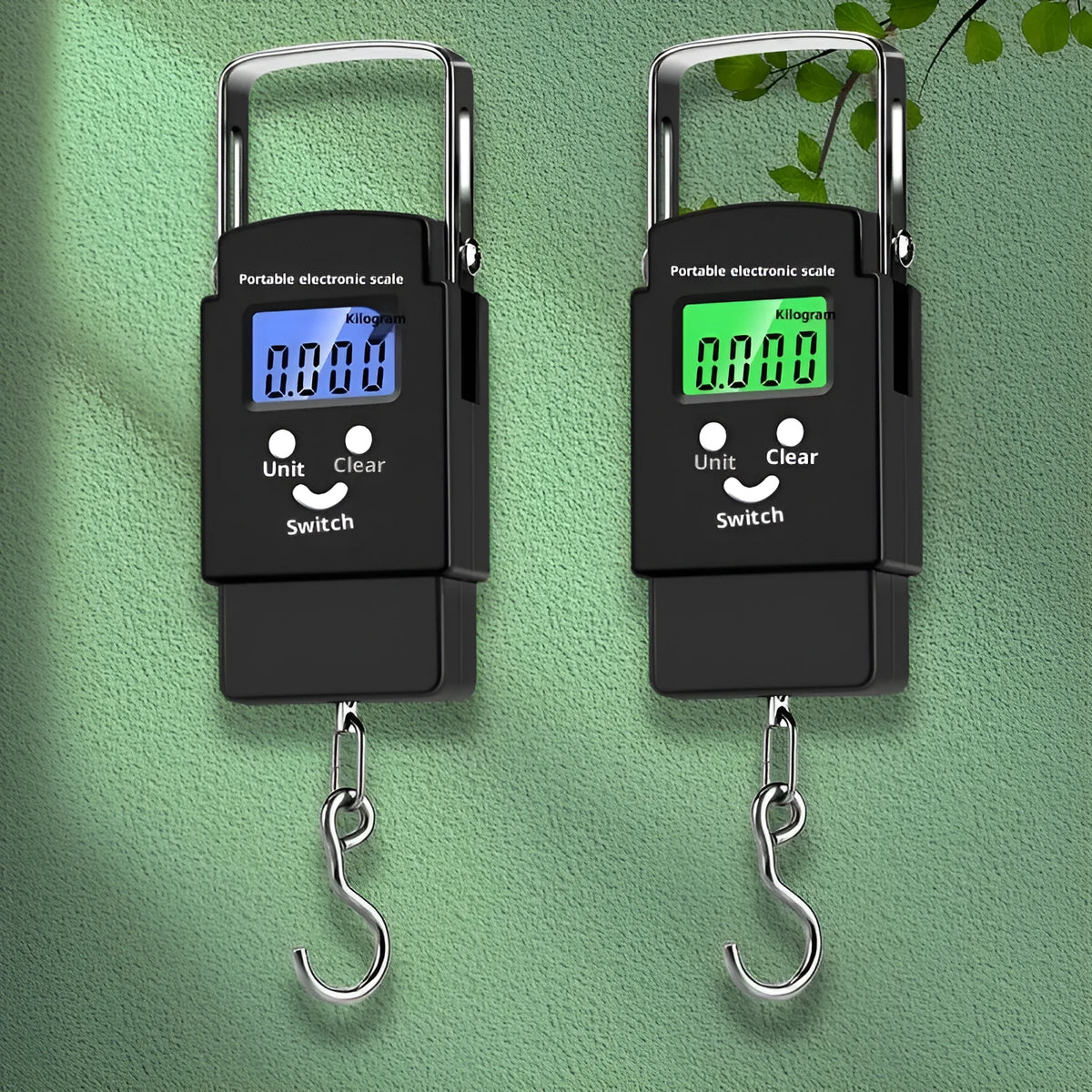 Mini handheld electronic scale with blue backlight display, 50kg capacity, plastic body, English or Chinese text option
