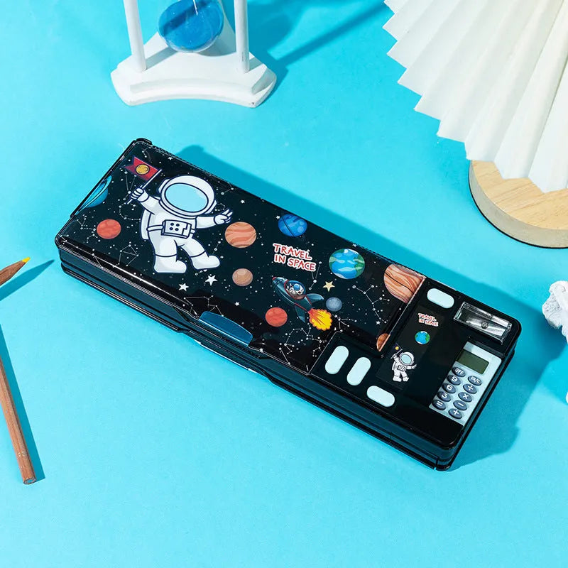Multifunctional plastic pencil box with calculator, double-sided opening, available in multiple colours