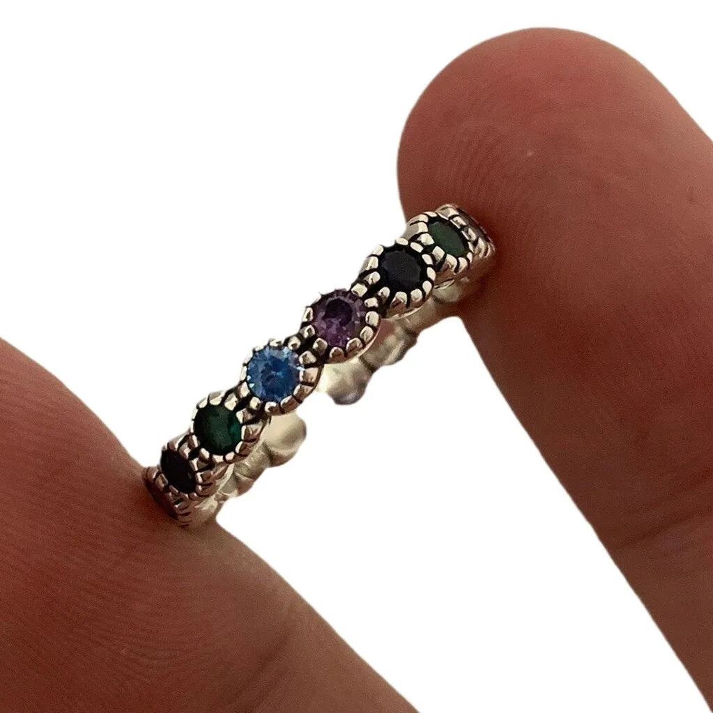 Women's geometric adjustable ring with colourful zircon stones in retro silver colour
