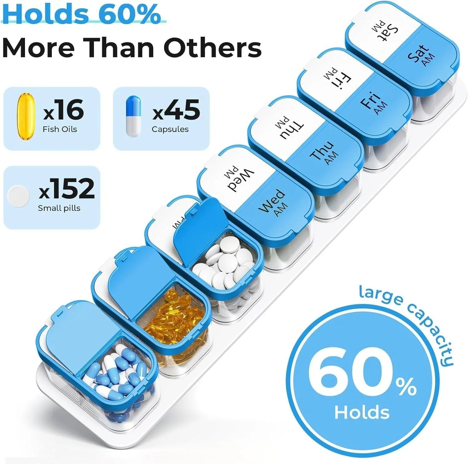 White and rainbow coloured large plastic pill box with 14 removable compartments next to detached single grid.