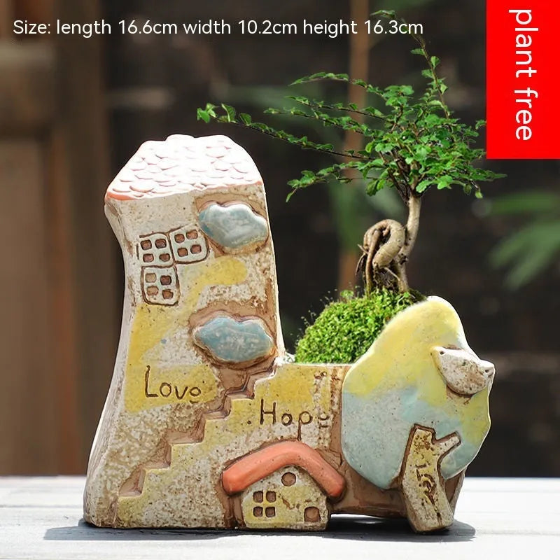 Hand-painted large ceramic succulent flower pot with pastoral design in colour A